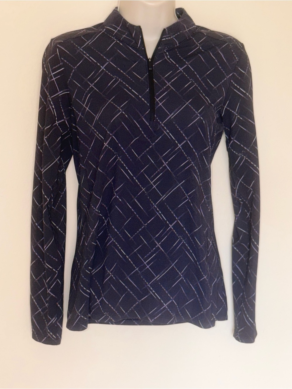 Adidas Black and Purple Plaid Patterned Quarter-Zip Long Sleeve Top